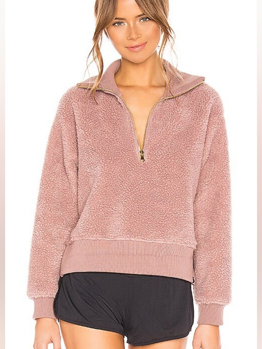 Varley Daphne Sherpa Quarter Zip Cropped Jacket in Deauville Dusty Pink Size